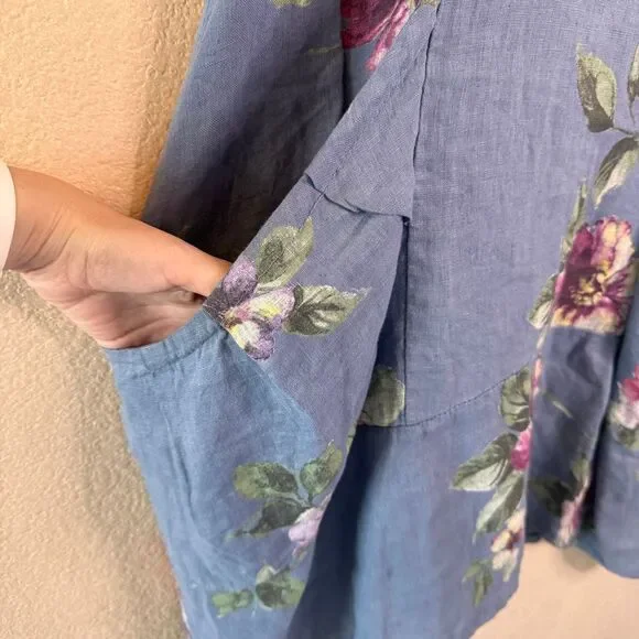 VASNA Lagenlook Linen Dress Blue Floral Made in Italy Oversized Pockets Boho M - Picture 6 of 13